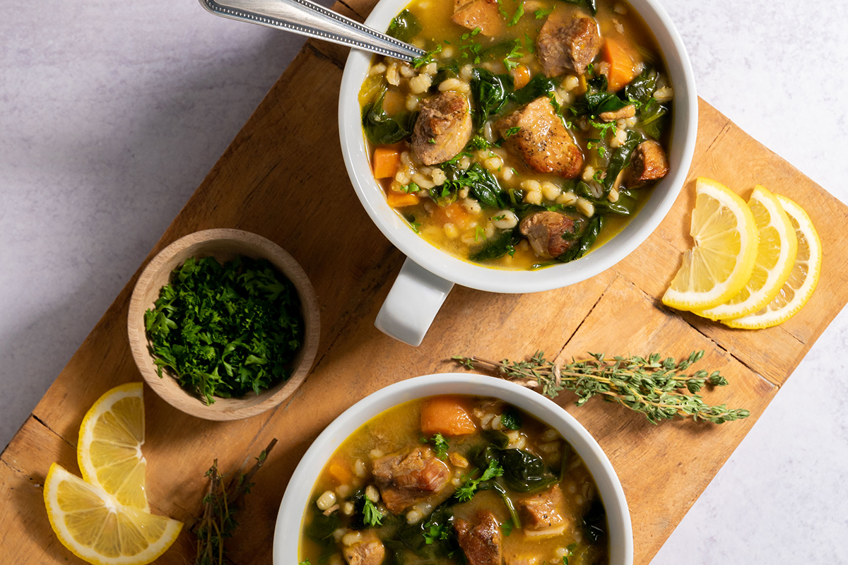Pork Barley Spinach Soup | Prairie Fresh®