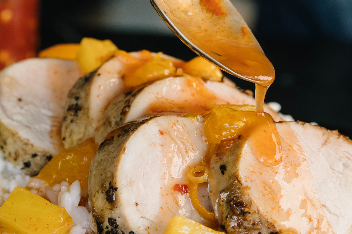 Roasted Pork Tenderloin with Citrus Sweet and Sour Sauce on Ginger Rice | Prairie Fresh®