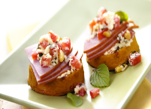 Polenta Crostini with Ham & Wisconsin Asiago | Prairie Fresh®