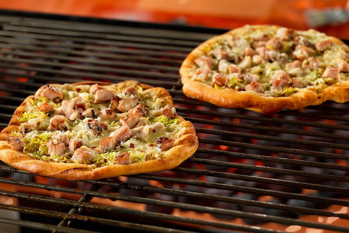 Grilled Pizzas with Herbed Pork and Brussels Sprouts | Prairie Fresh®