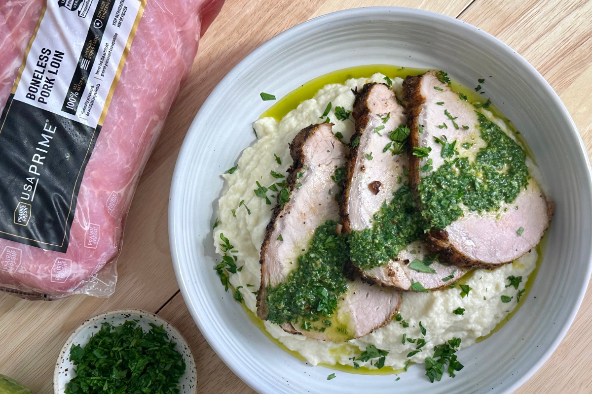 Juicy Pork Loin with Chimichurri Sauce and Cauliflower Mash | Prairie Fresh®