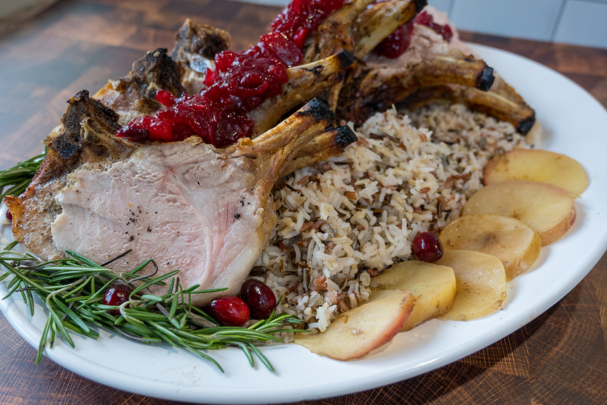 Baked Crispy Bone-In Pork Loin Roast with Apple Cranberry Sauce | Prairie Fresh®
