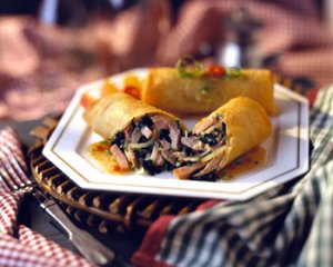 Stir-Fry Ham and Bok Choy Eggrolls with a Sweet & Sour Pineapple-Hot Mustard Dipping Sauce | Prairie Fresh®