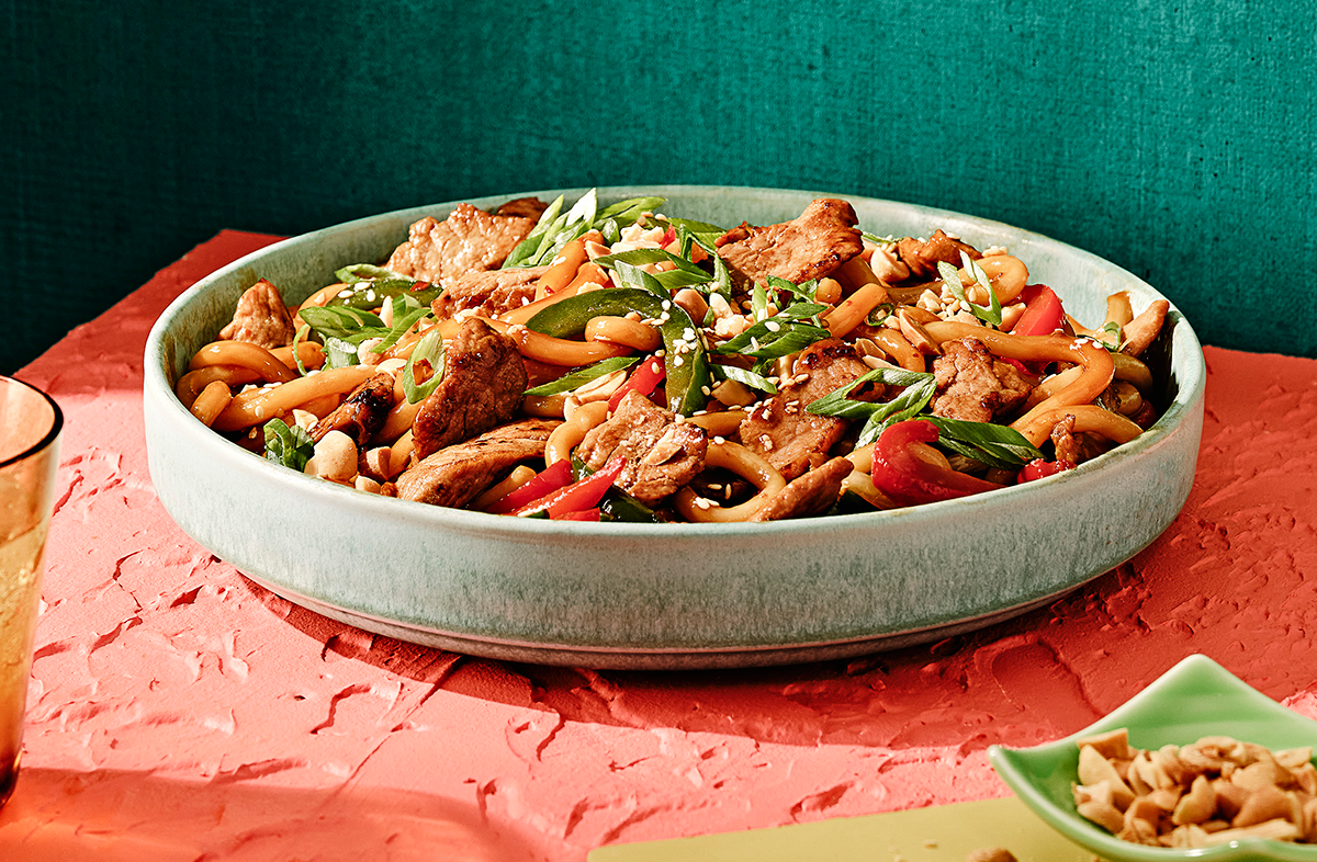 Sliced Pork & Peppers with Udon Noodles | Prairie Fresh®