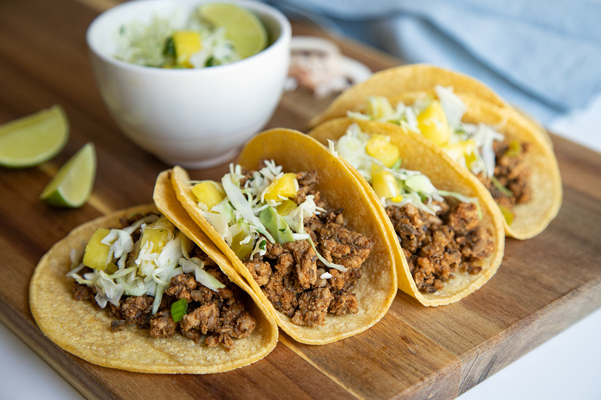 Blended Al Pastor Tacos with Pineapple Jalapeño Slaw | Prairie Fresh®