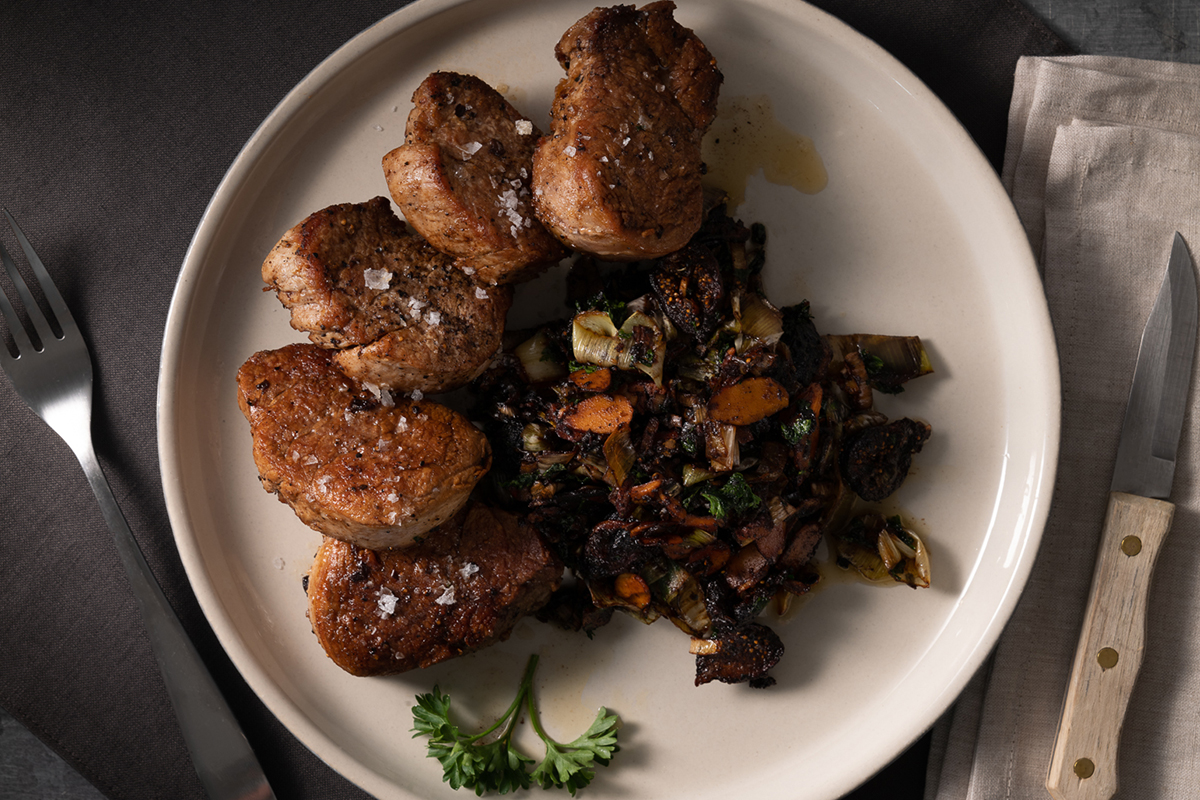 Pork Tenderloin Medallions with Leeks, Almonds, Figs and Bourbon Brown Butter | Prairie Fresh®