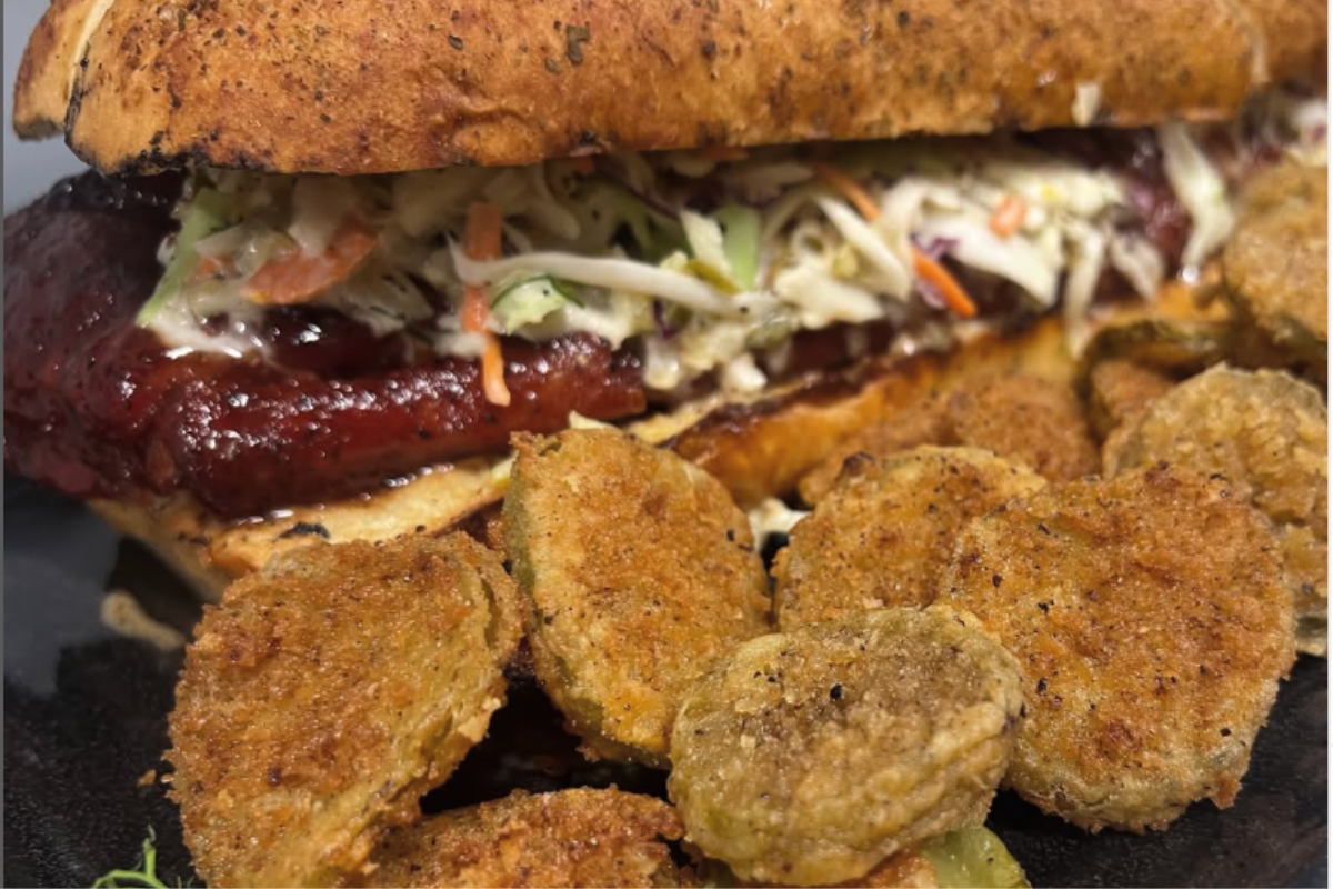 Third-place Prairie Fresh® and Pickle recipe: The Pickleback Rack made with smoked Prairie Fresh® baby backribs, dill slaw and crispy fried pickles on garlic-herb Italian bread.