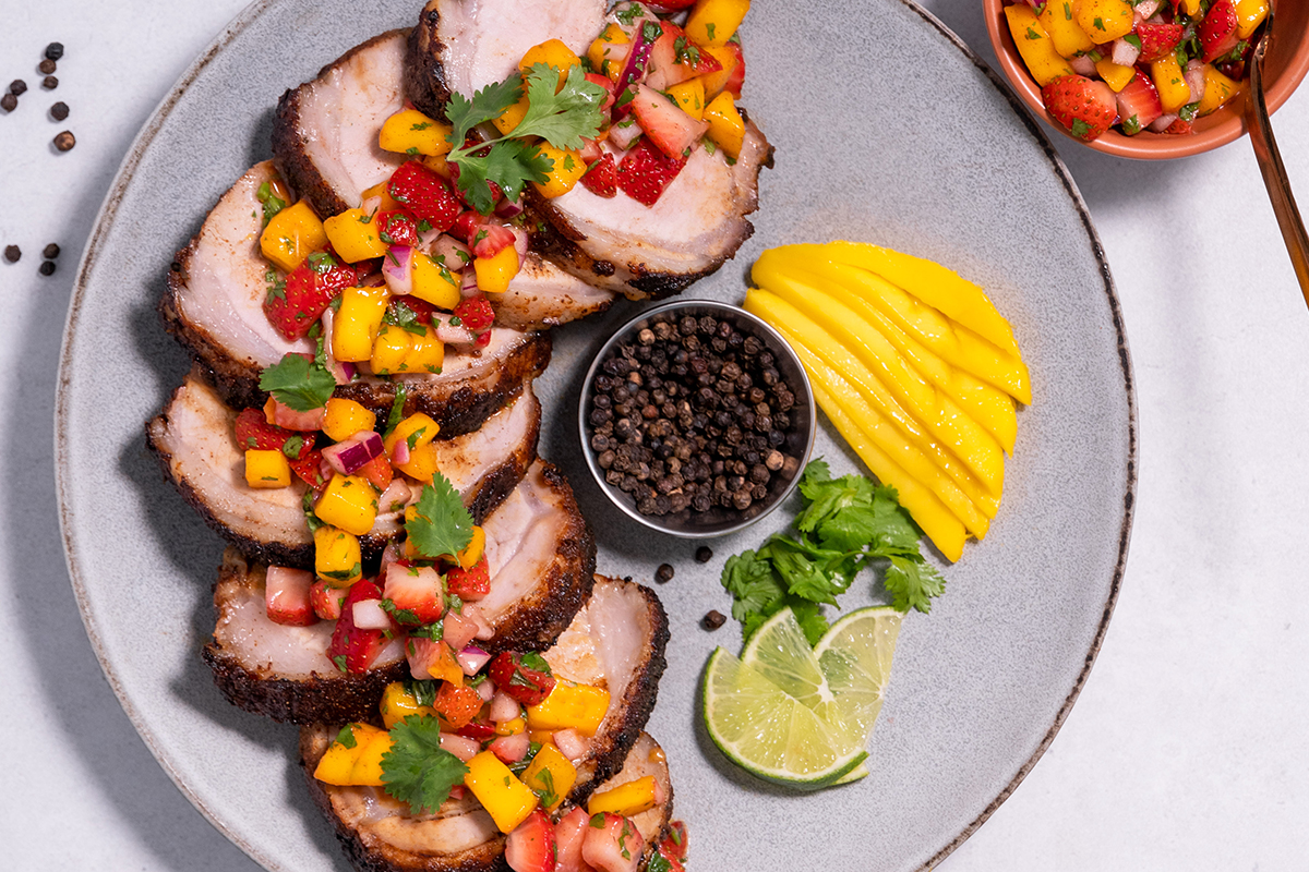 Spicy Jerk Pork with Strawberry Mango Salsa | Prairie Fresh®